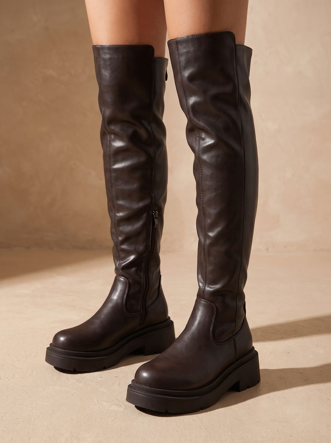Women's Heel-Free Over-the-Knee Boots with Chunky Sole and Side Zip