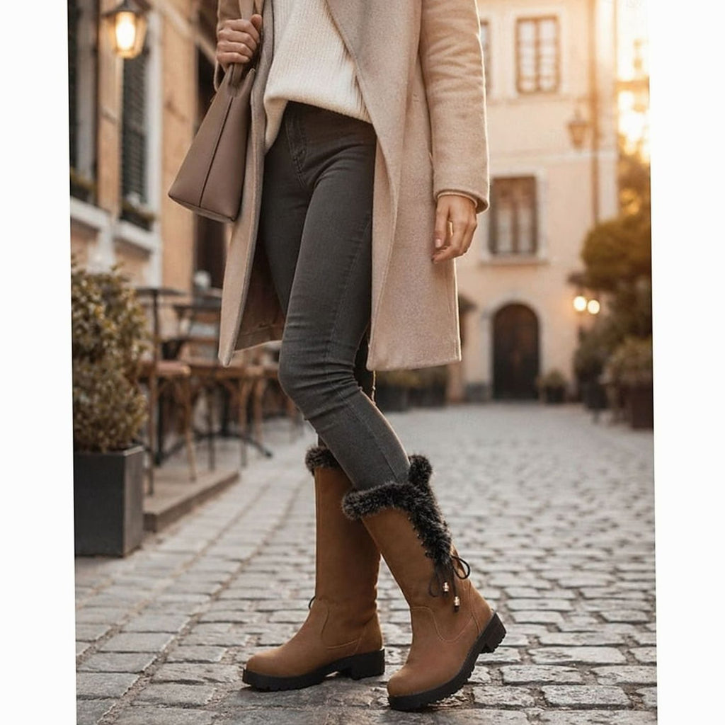 Women's Faux Fur-Trimmed Suede-Look Snow Boots with Laced Top