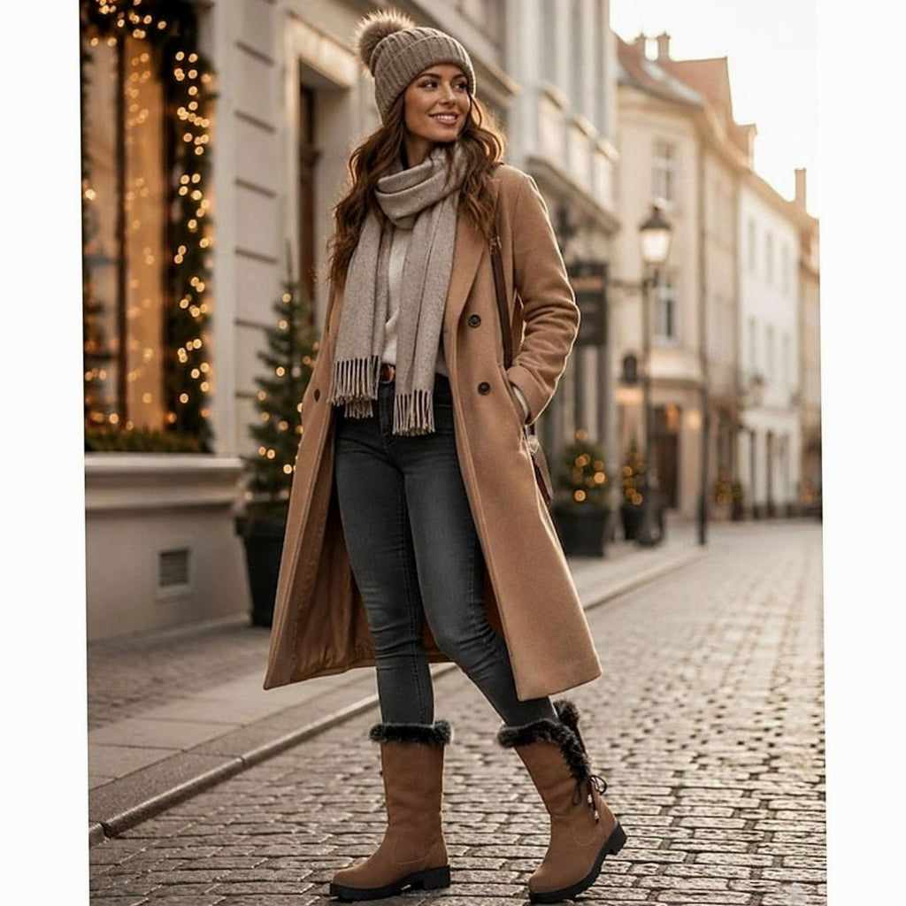 Women's Faux Fur-Trimmed Suede-Look Snow Boots with Laced Top