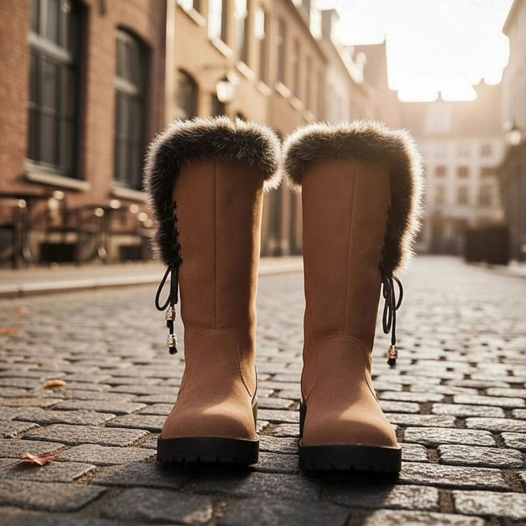 Women's Faux Fur-Trimmed Suede-Look Snow Boots with Laced Top