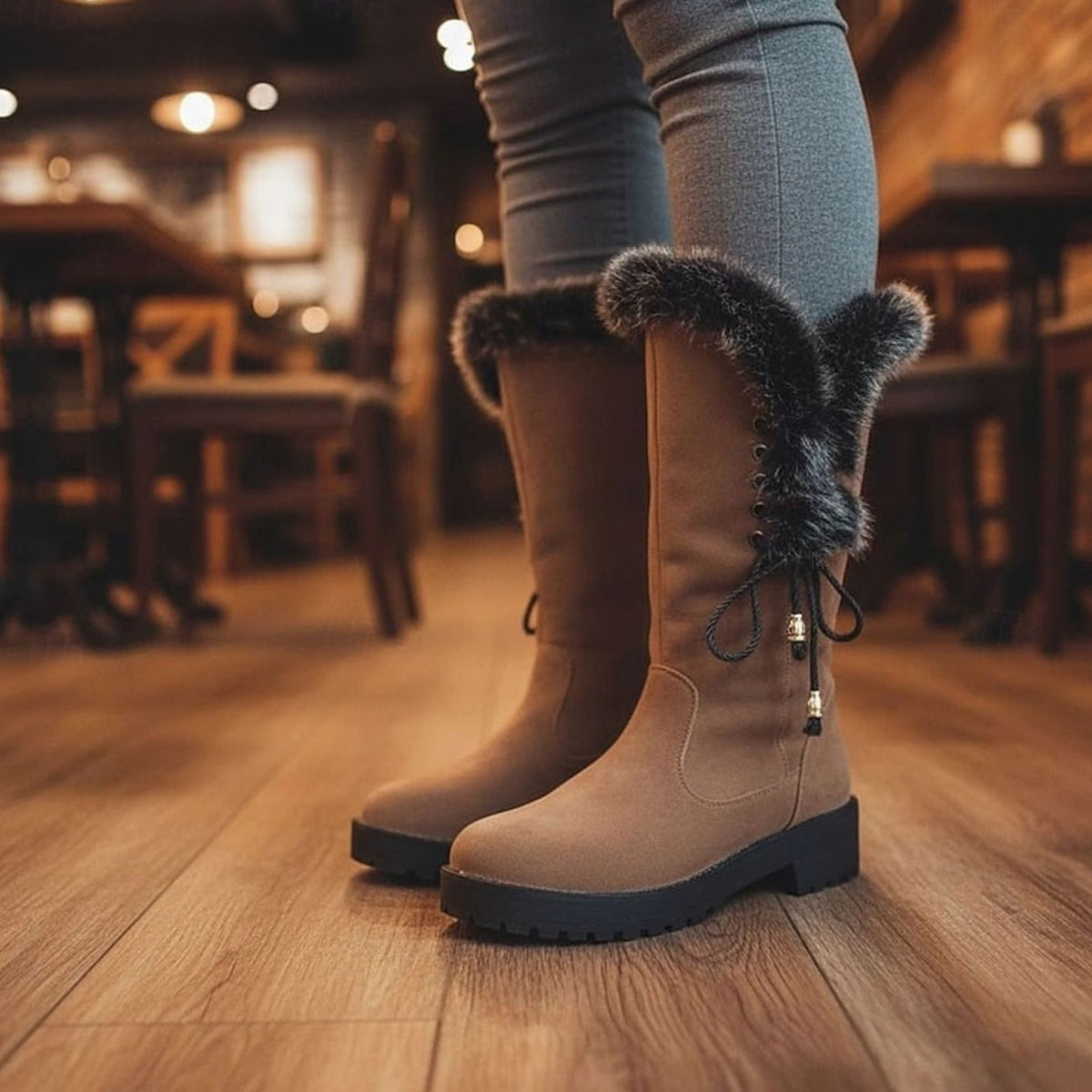 Women's Faux Fur-Trimmed Suede-Look Snow Boots with Laced Top