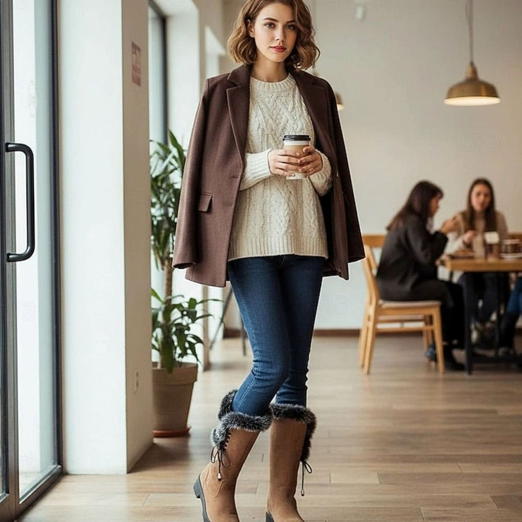 Women's Faux Fur-Trimmed Suede-Look Snow Boots with Laced Top