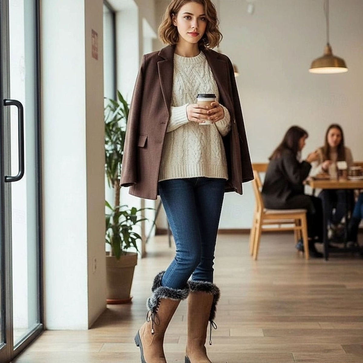 Women's Faux Fur-Trimmed Suede-Look Snow Boots with Laced Top
