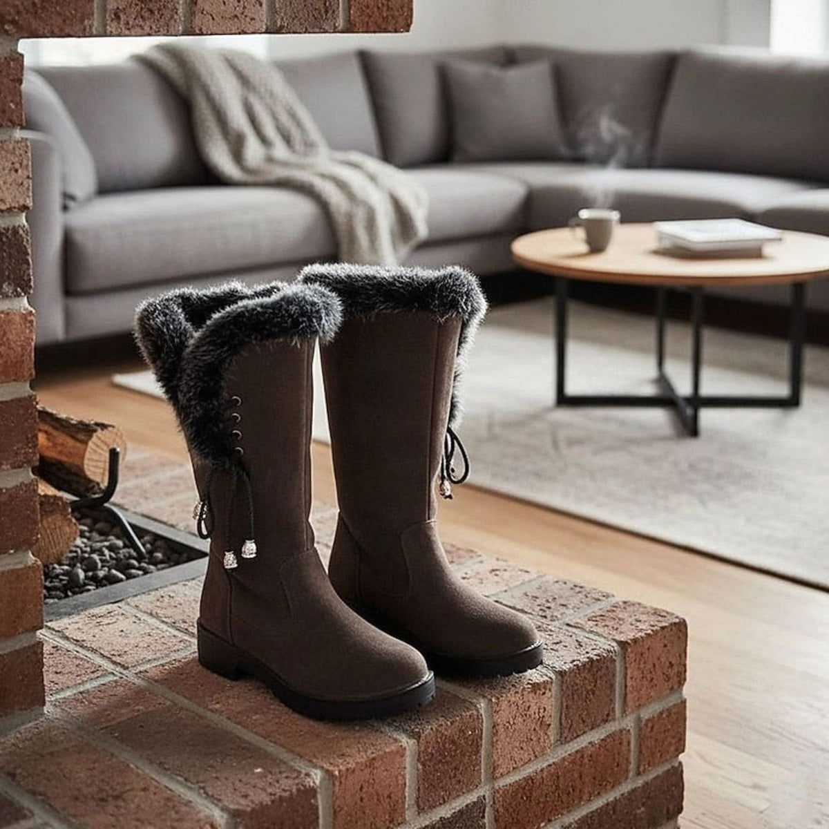 Women's Faux Fur-Trimmed Suede-Look Snow Boots with Laced Top - Dark Brown