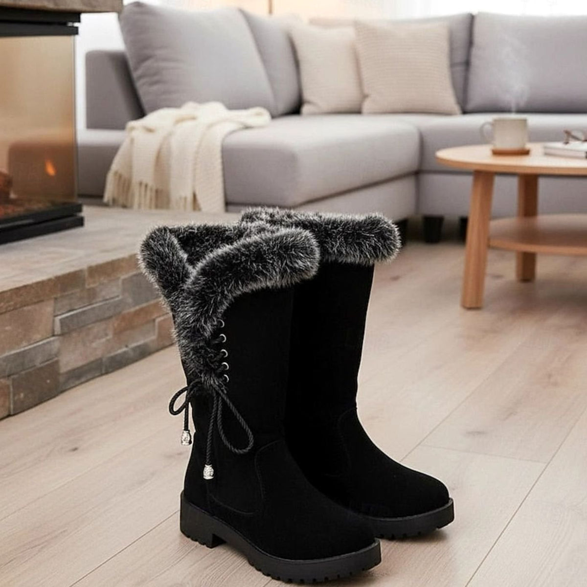 Women's Faux Fur-Trimmed Suede-Look Snow Boots with Laced Top - Black