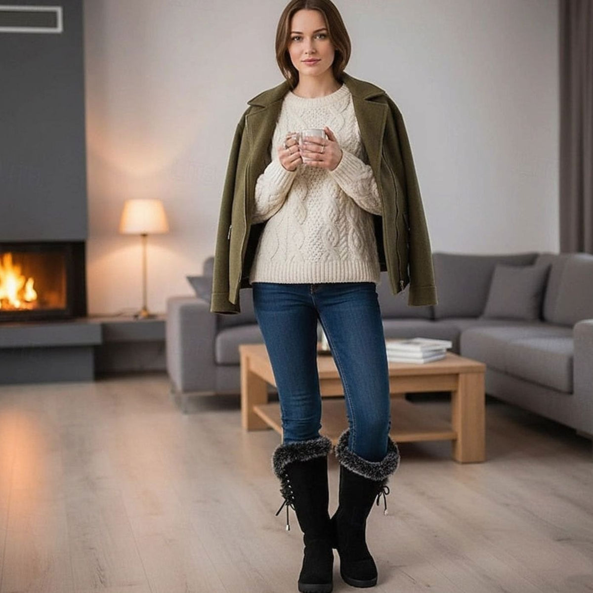 Women's Faux Fur-Trimmed Suede-Look Snow Boots with Laced Top