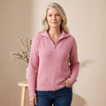 Women's Horizontal Rib Half-Zip Jumper in a Relaxed Fit - Pink