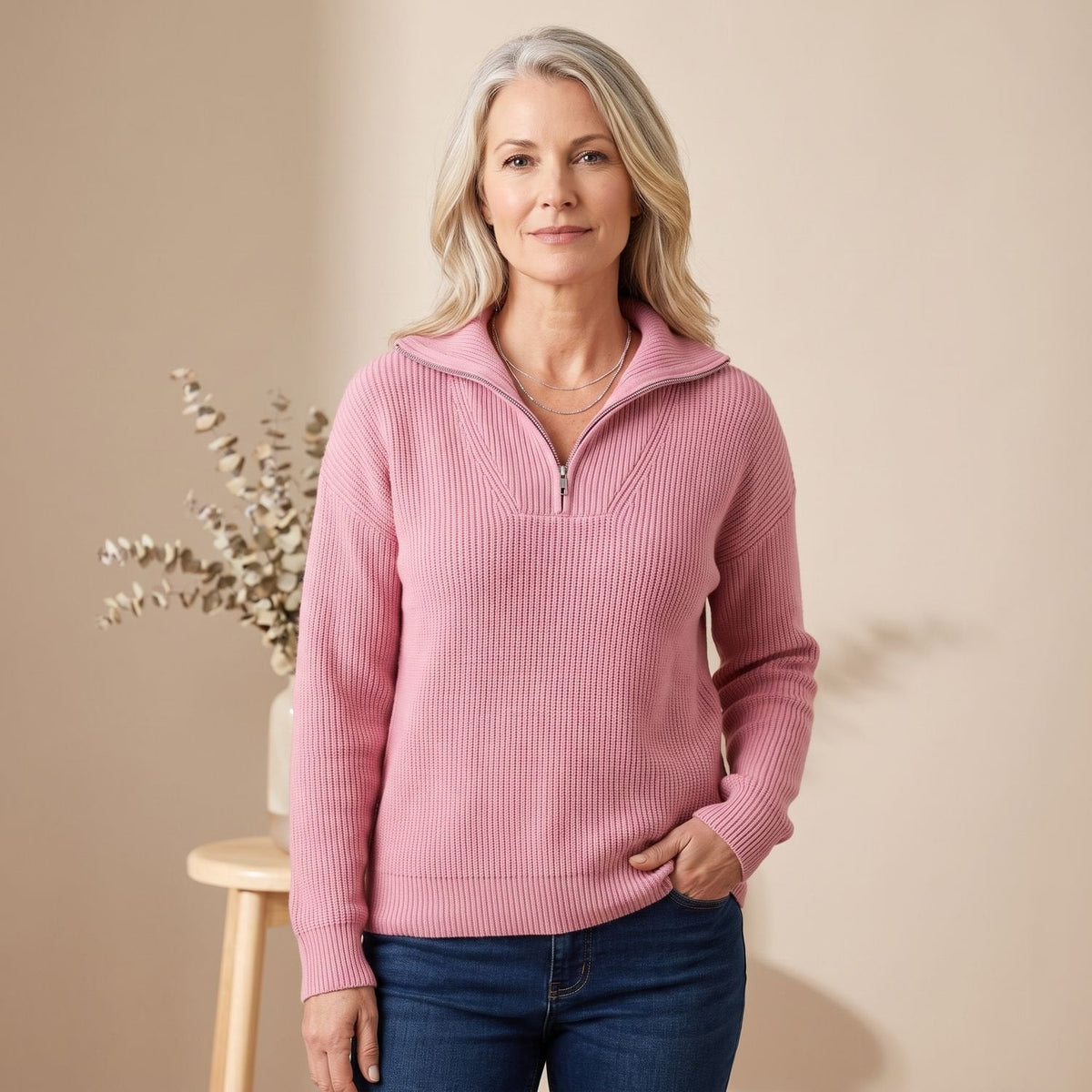 Women's Horizontal Rib Half-Zip Jumper in a Relaxed Fit - Pink