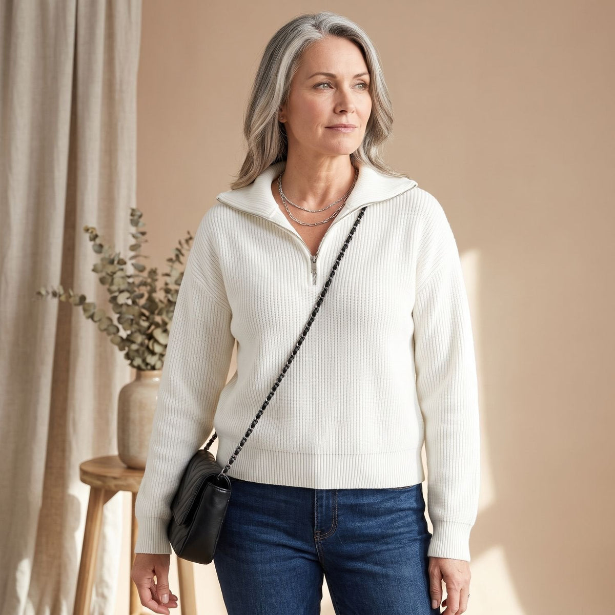 Women's Horizontal Rib Half-Zip Jumper in a Relaxed Fit - White