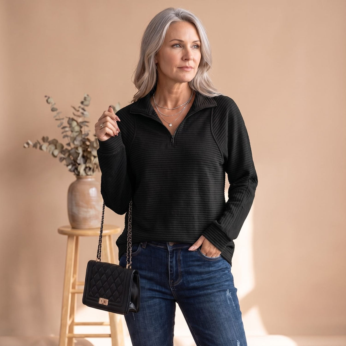 Women's Horizontal Rib Half-Zip Jumper in a Relaxed Fit - Black