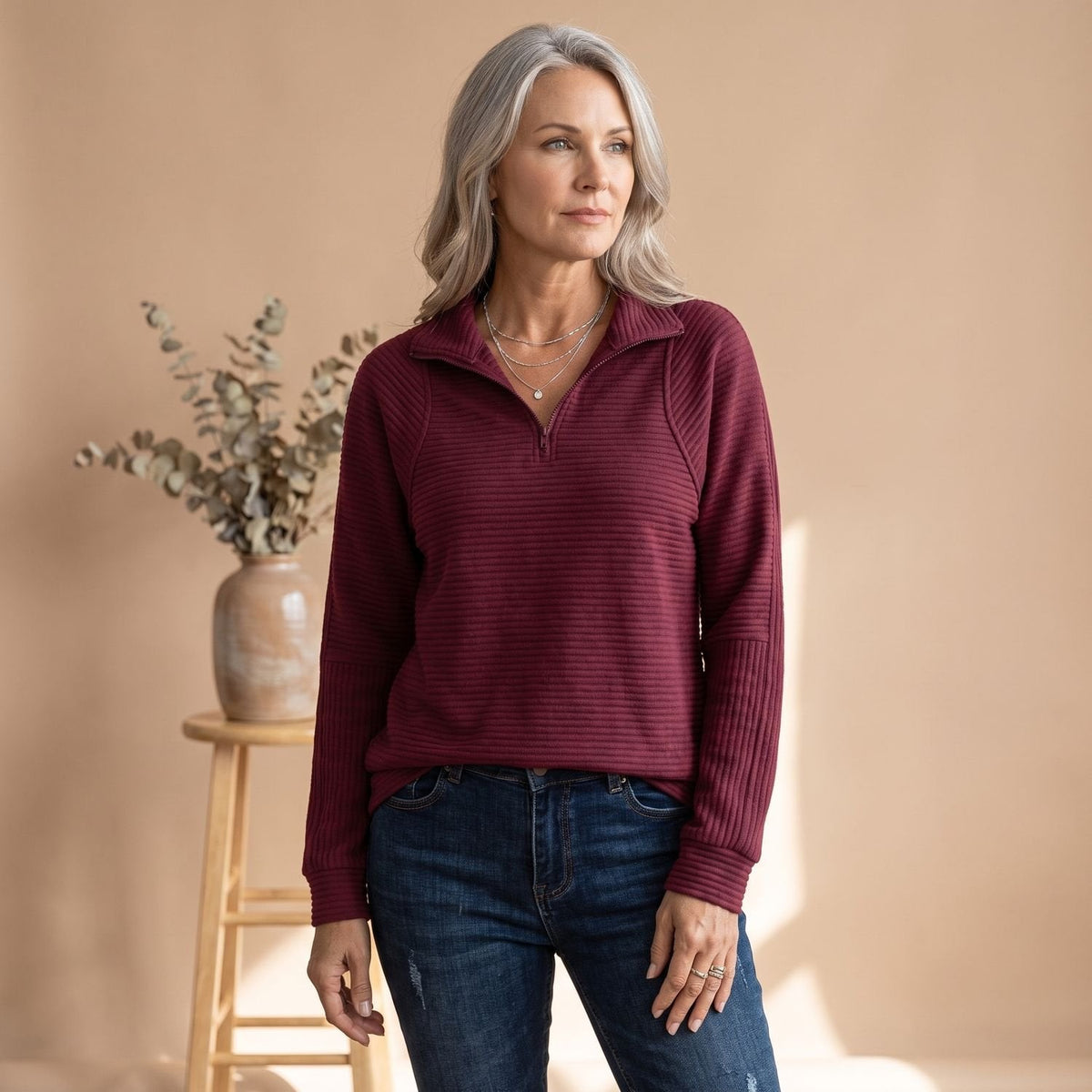 Women's Horizontal Rib Half-Zip Jumper in a Relaxed Fit - Red