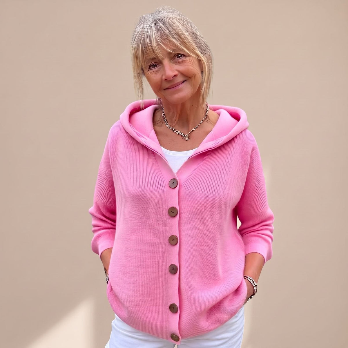 Women's Relaxed Hooded Cardigan for Chilly Mornings at Home - Pink