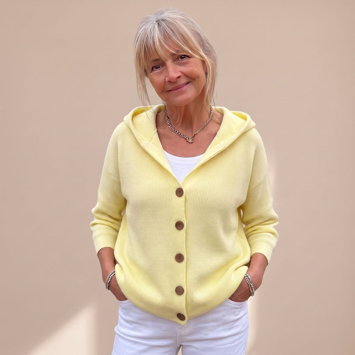 Women's Relaxed Hooded Cardigan for Chilly Mornings at Home - Yellow