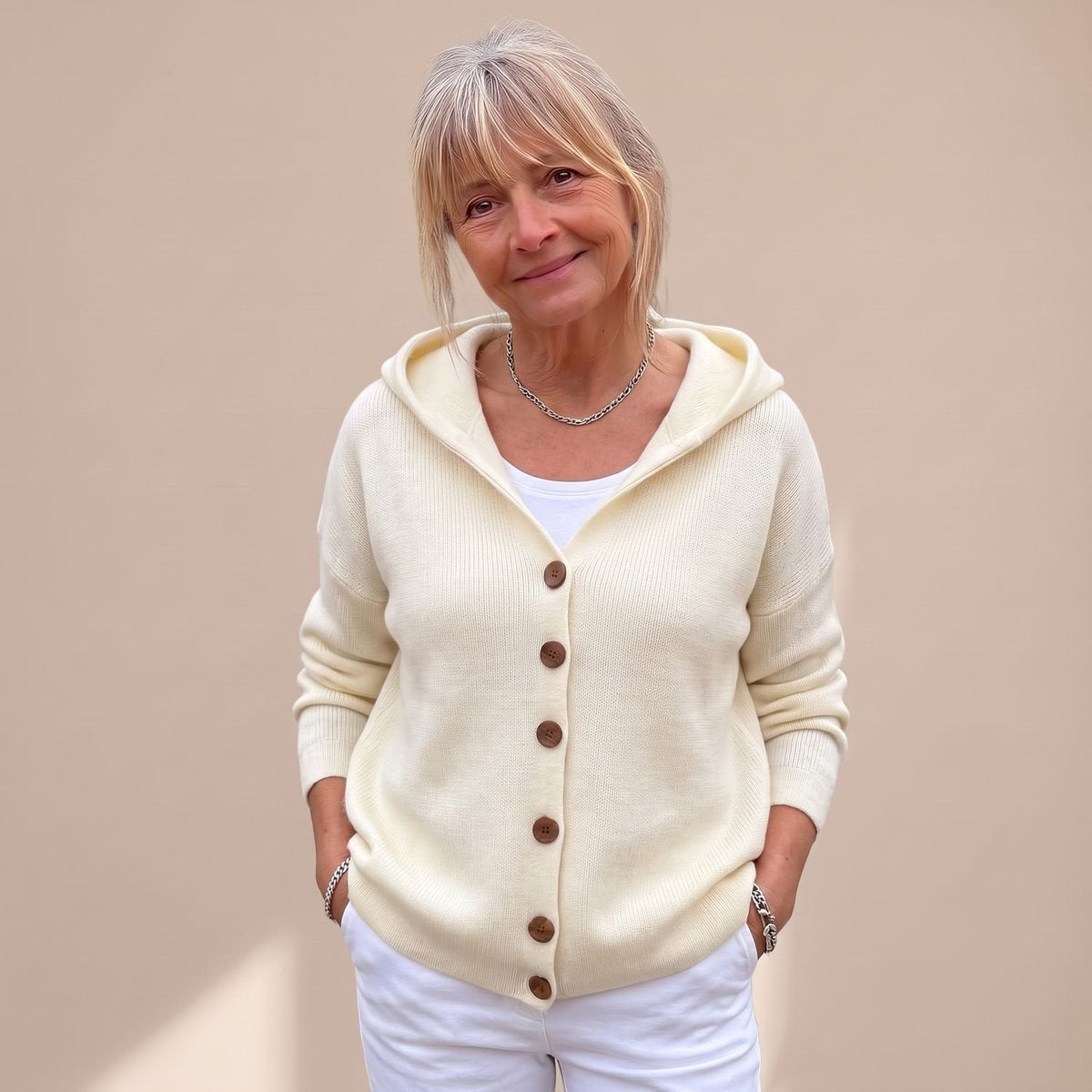 Women's Relaxed Hooded Cardigan for Chilly Mornings at Home - Beige