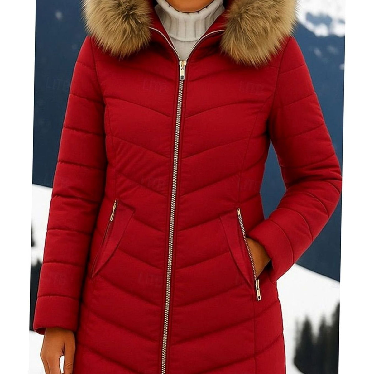 Women's Faux Fur Hood Chevron Quilted Coat with Hand-Warmer Pockets - Wine Red