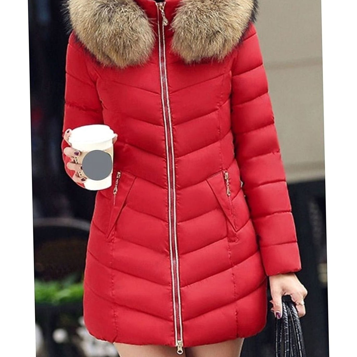 Women's Faux Fur Hood Chevron Quilted Coat with Hand-Warmer Pockets - Red