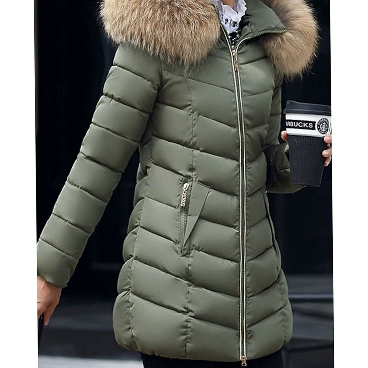 Women's Faux Fur Hood Chevron Quilted Coat with Hand-Warmer Pockets - Olive Green
