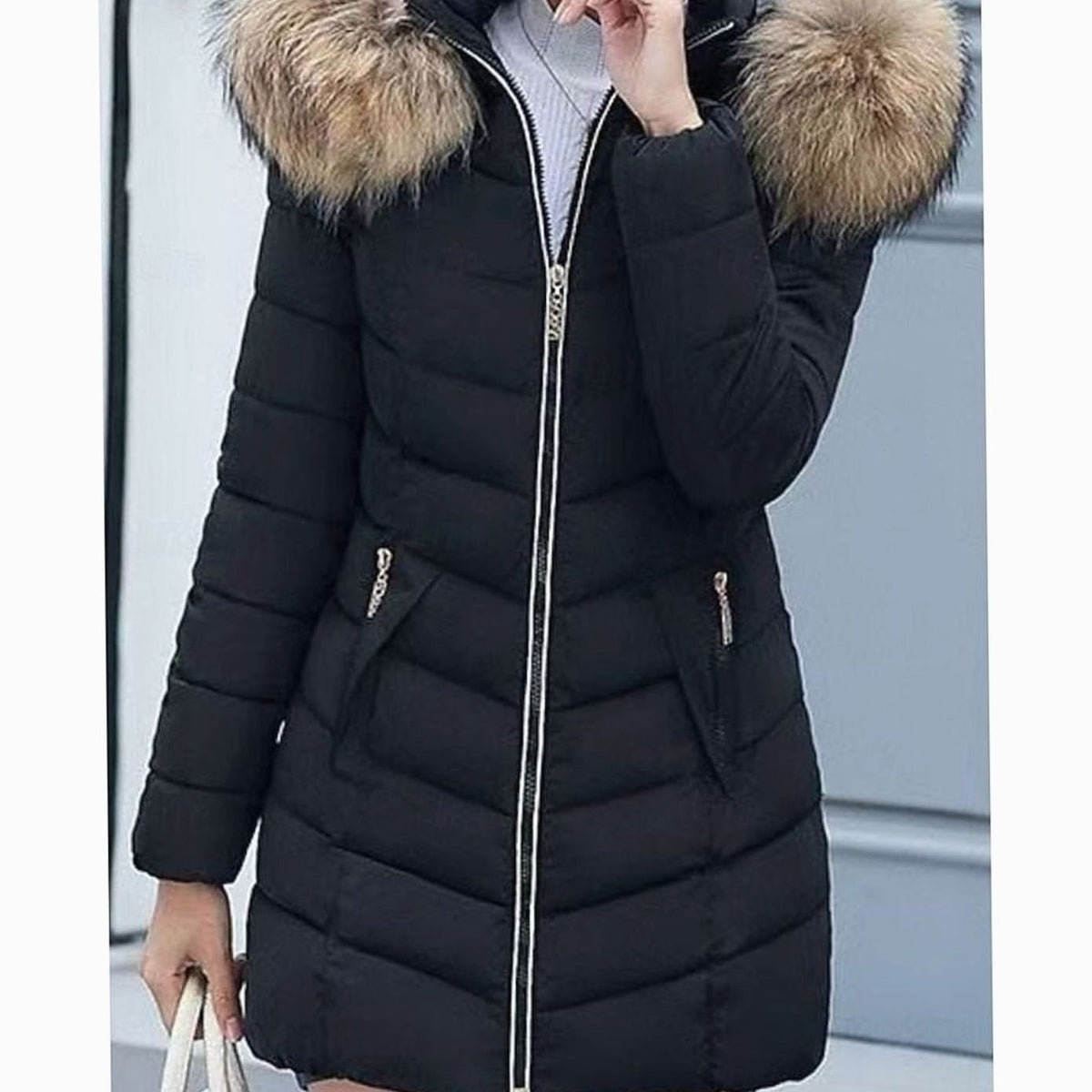 Women's Faux Fur Hood Chevron Quilted Coat with Hand-Warmer Pockets - Black