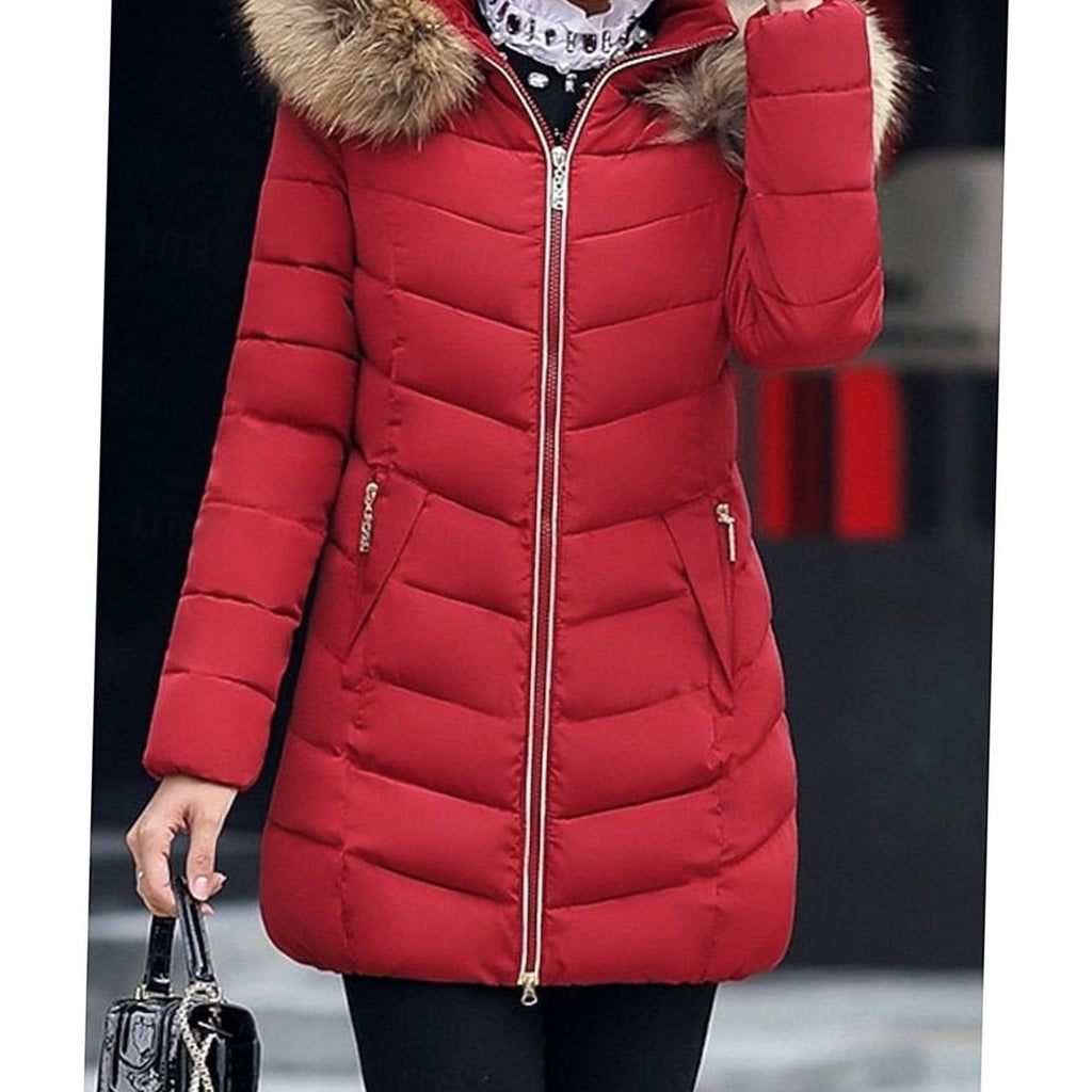 Women's Faux Fur Hood Chevron Quilted Coat with Hand-Warmer Pockets