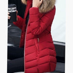 Women's Faux Fur Hood Chevron Quilted Coat with Hand-Warmer Pockets