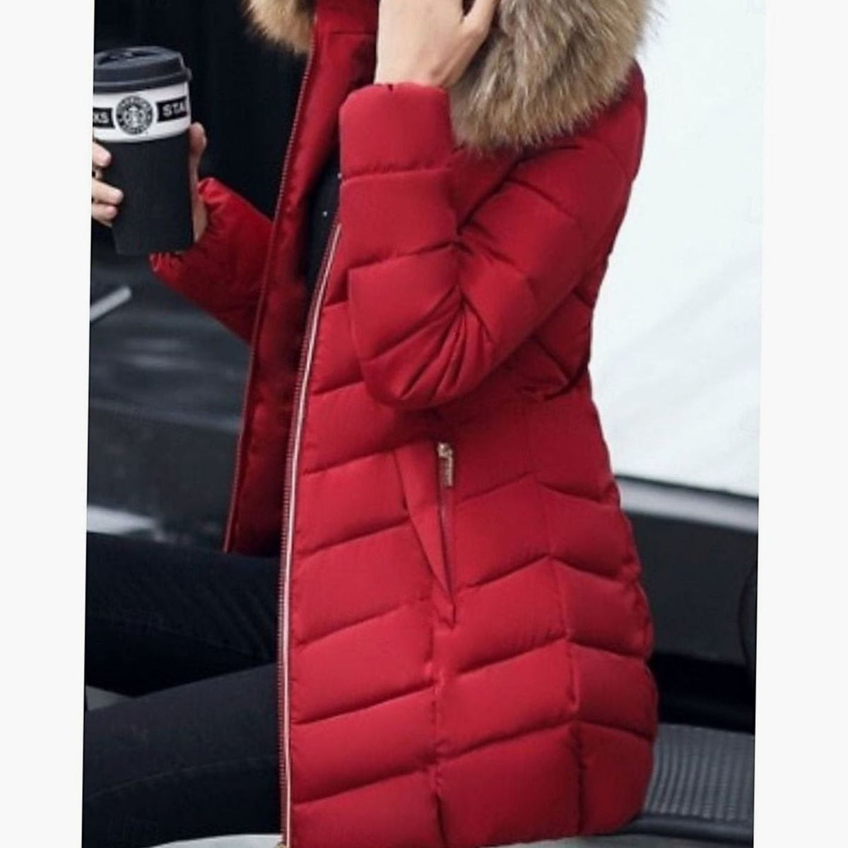 Women's Faux Fur Hood Chevron Quilted Coat with Hand-Warmer Pockets