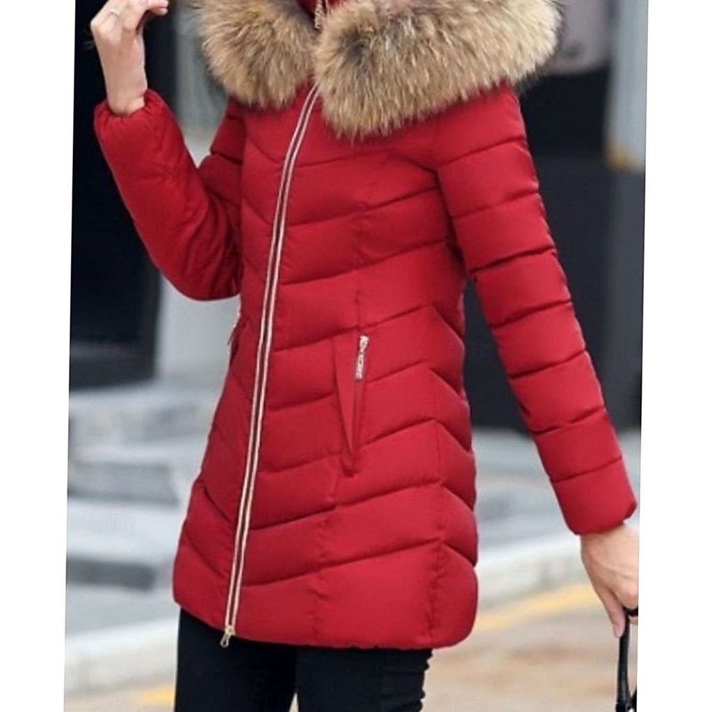 Women's Faux Fur Hood Chevron Quilted Coat with Hand-Warmer Pockets