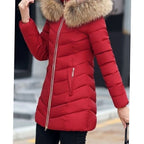 Women's Faux Fur Hood Chevron Quilted Coat with Hand-Warmer Pockets