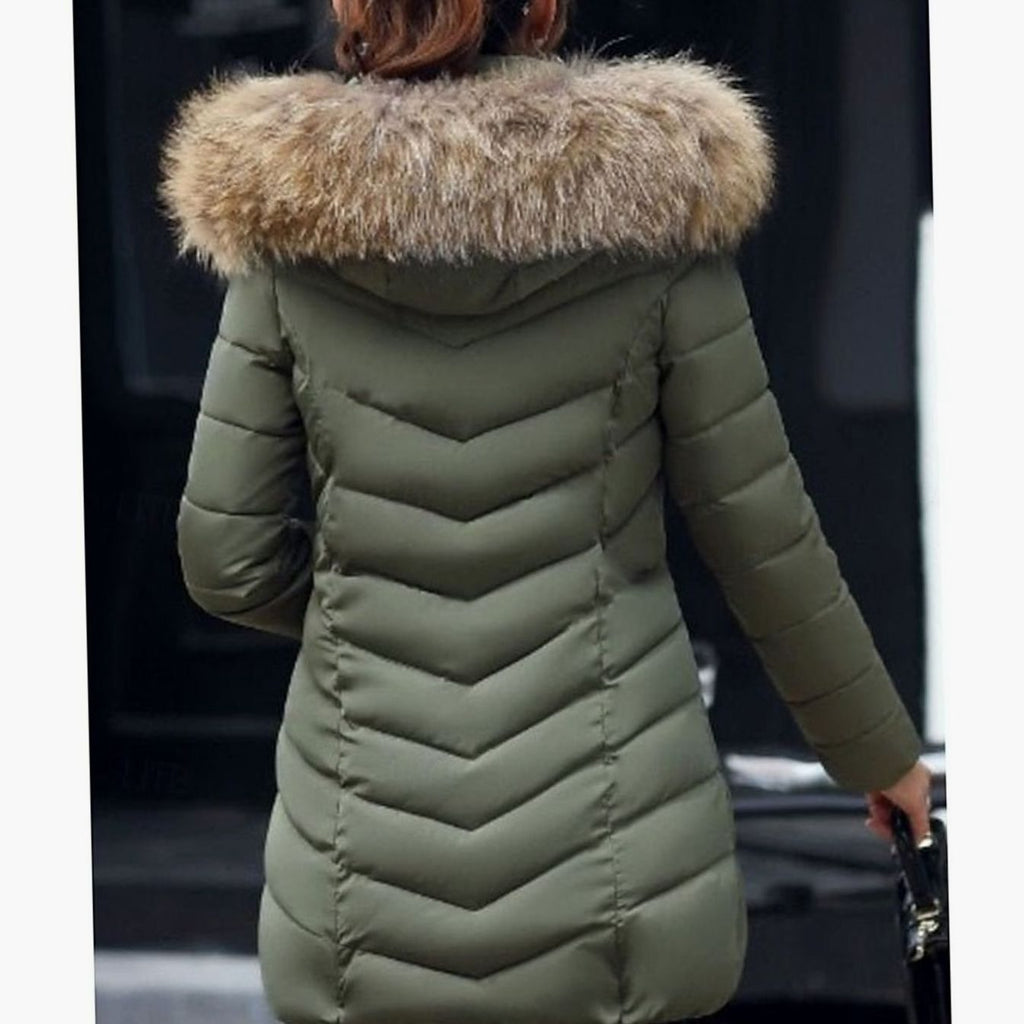 Women's Faux Fur Hood Chevron Quilted Coat with Hand-Warmer Pockets