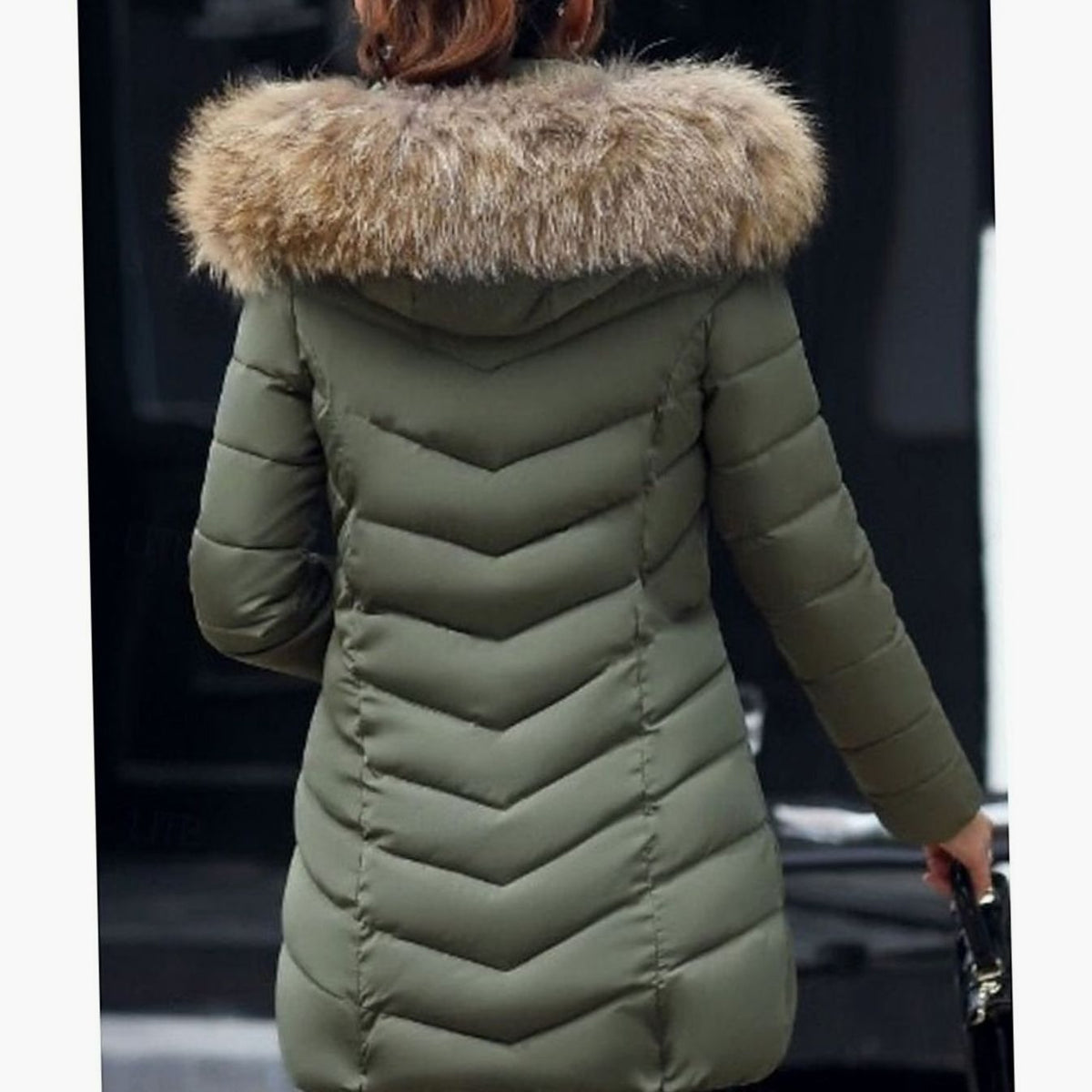 Women's Faux Fur Hood Chevron Quilted Coat with Hand-Warmer Pockets