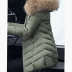 Women's Faux Fur Hood Chevron Quilted Coat with Hand-Warmer Pockets