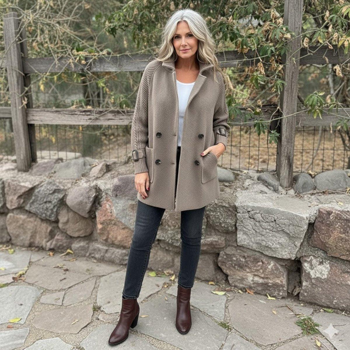 Women's Two-Texture Tailored Jacket with Cable-Knit Sleeves