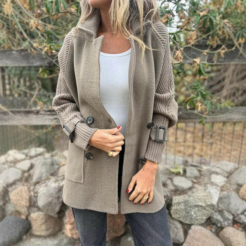 Women's Two-Texture Tailored Jacket with Cable-Knit Sleeves - Taupe
