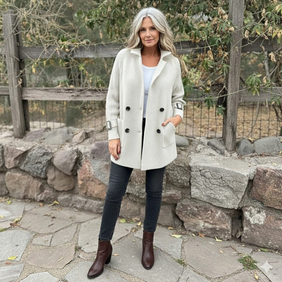Women's Two-Texture Tailored Jacket with Cable-Knit Sleeves