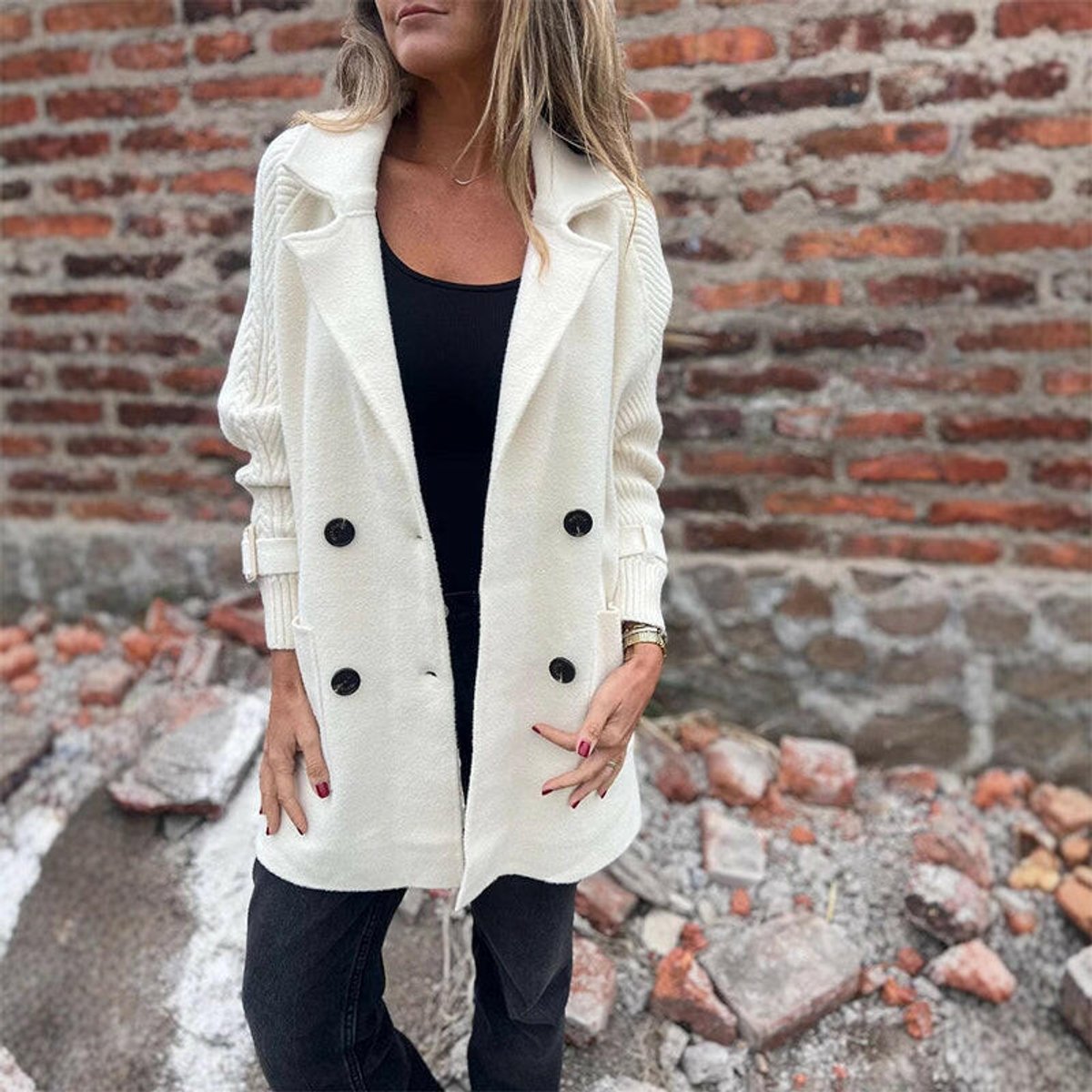 Women's Two-Texture Tailored Jacket with Cable-Knit Sleeves - White