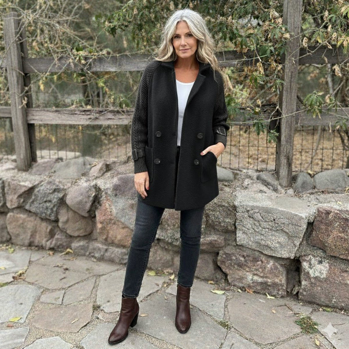Women's Two-Texture Tailored Jacket with Cable-Knit Sleeves
