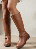 Women's Faux Leather Knee-High Equestrian Boots with Lug Sole - Brown