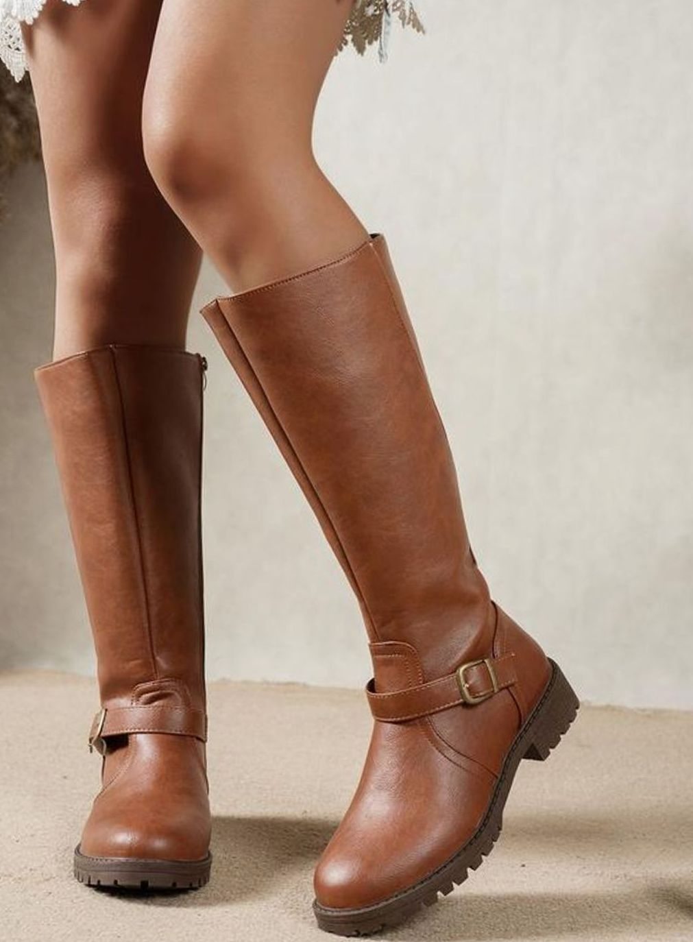 Women's Faux Leather Knee-High Equestrian Boots with Lug Sole - Brown
