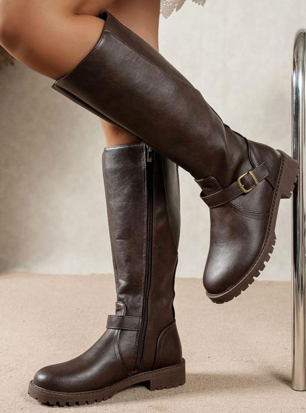 Women's Faux Leather Knee-High Equestrian Boots with Lug Sole - Dark Brown