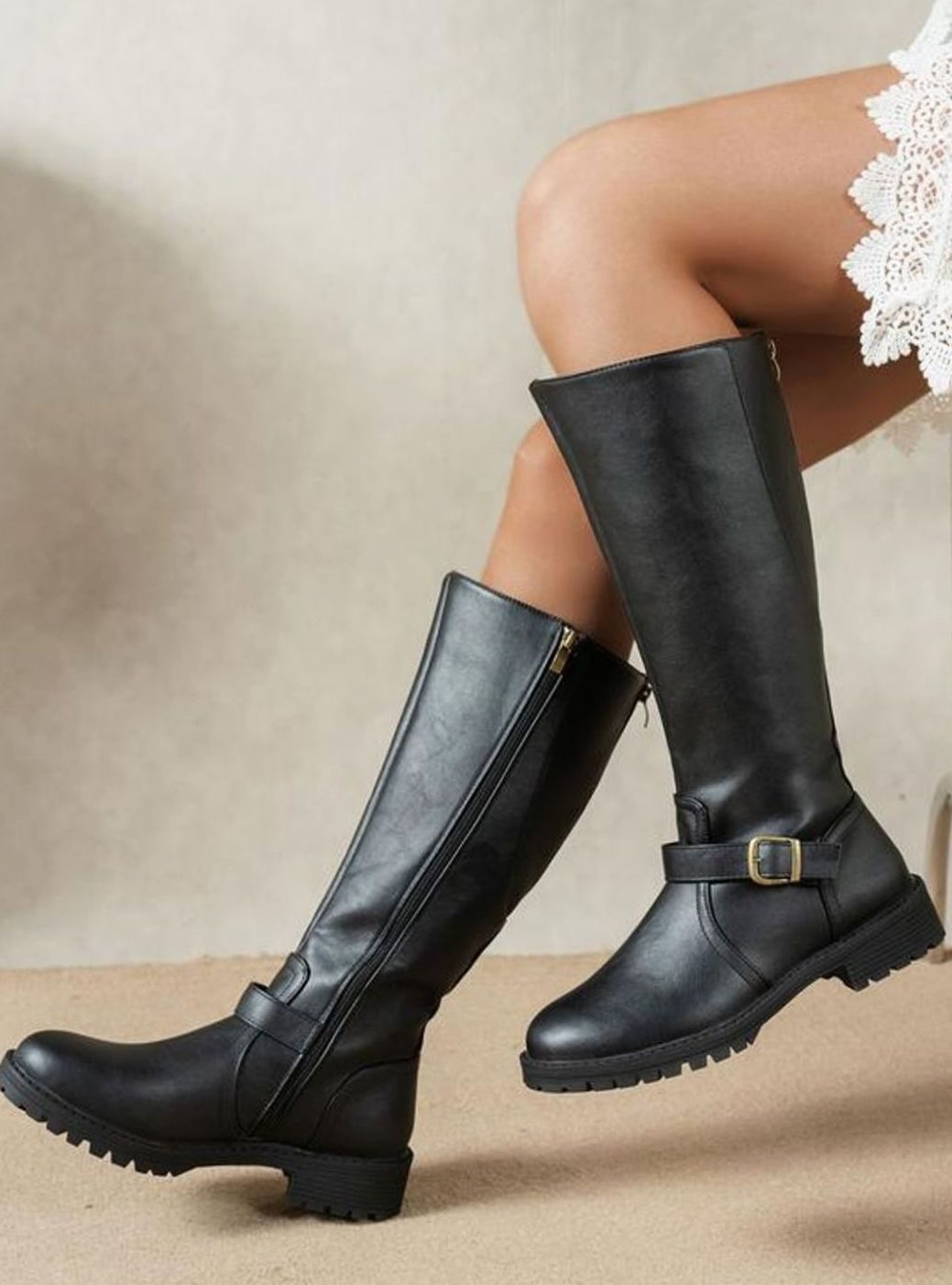 Women's Faux Leather Knee-High Equestrian Boots with Lug Sole - Black