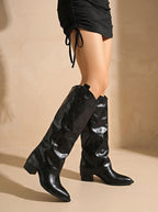 Women's Mid-Heel Western Knee-High Boots in Vintage Faux Leather