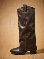 Women's Mid-Heel Western Knee-High Boots in Vintage Faux Leather