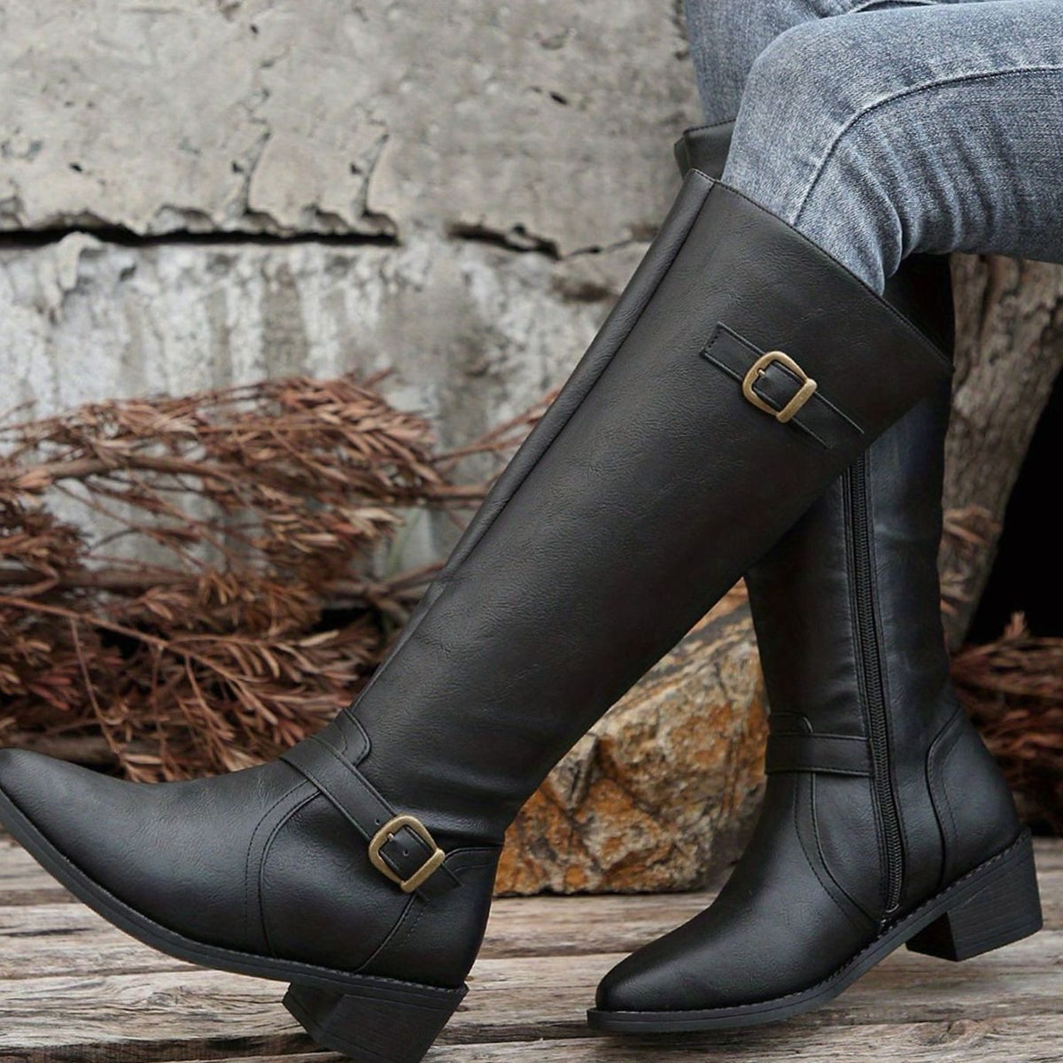 Women's Buckle-Strap Riding Boots with Inner Zip and Padded Footbed - Black