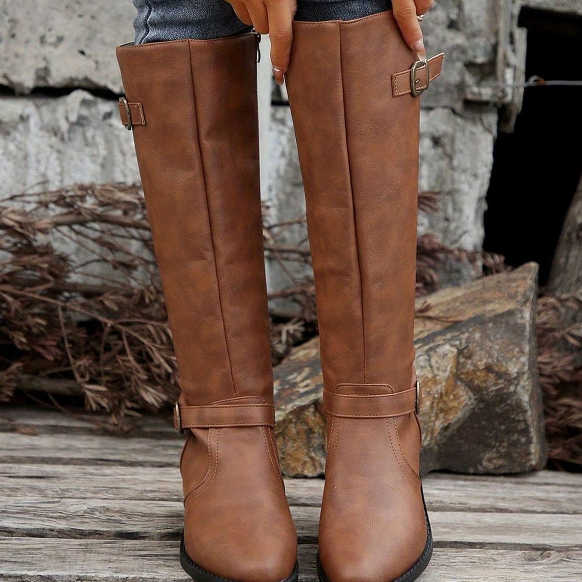 Women's Buckle-Strap Riding Boots with Inner Zip and Padded Footbed
