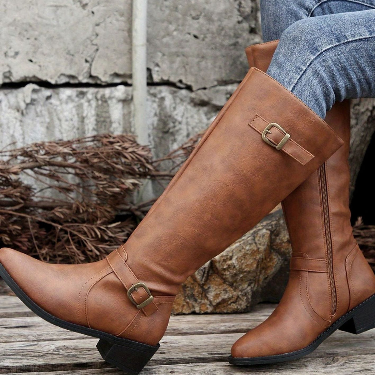 Women's Buckle-Strap Riding Boots with Inner Zip and Padded Footbed - Light Brown