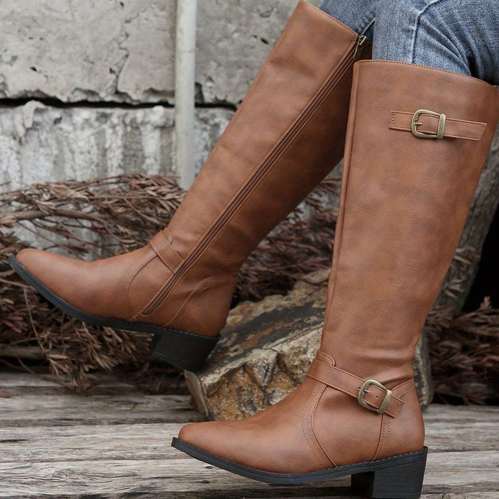 Women's Buckle-Strap Riding Boots with Inner Zip and Padded Footbed