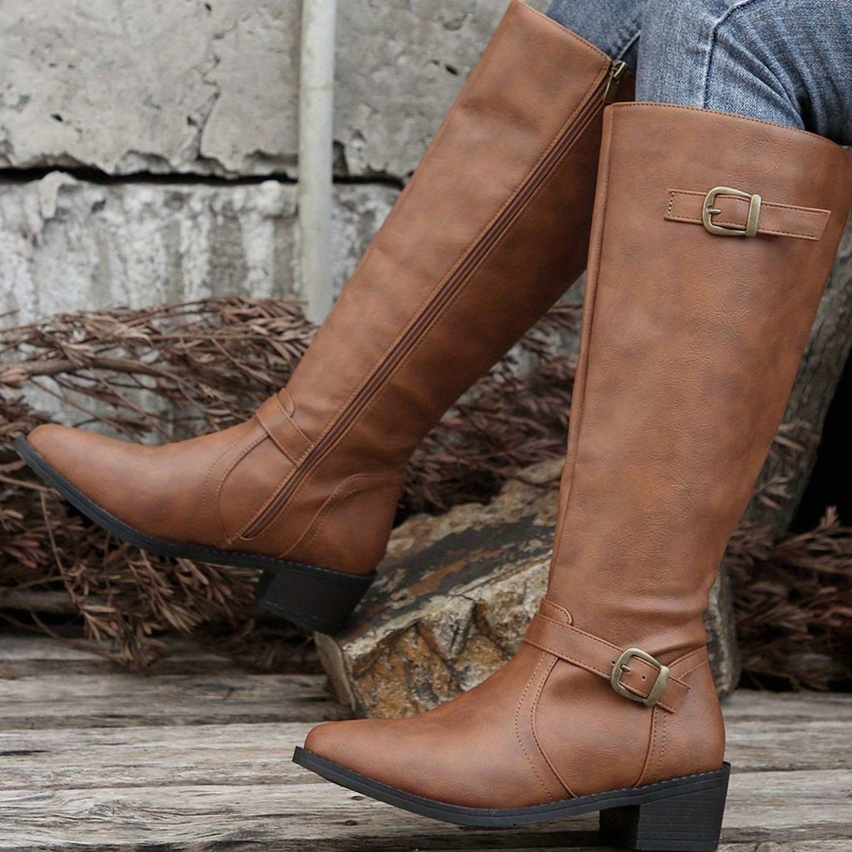 Women's Buckle-Strap Riding Boots with Inner Zip and Padded Footbed