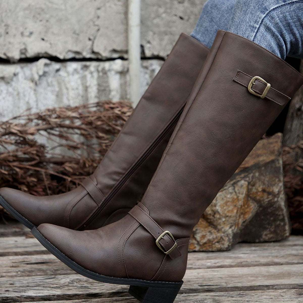 Women's Buckle-Strap Riding Boots with Inner Zip and Padded Footbed