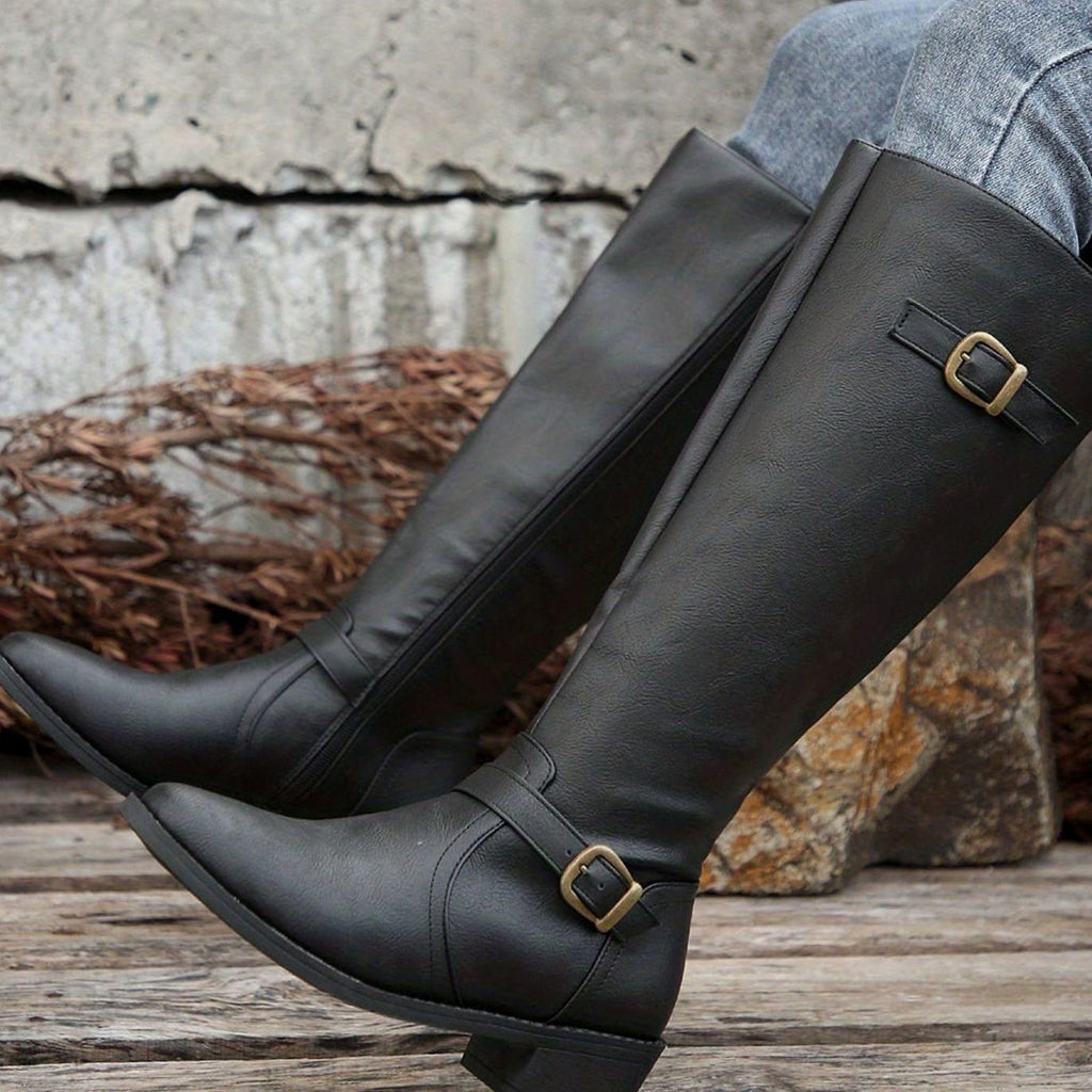 Women's Buckle-Strap Riding Boots with Inner Zip and Padded Footbed
