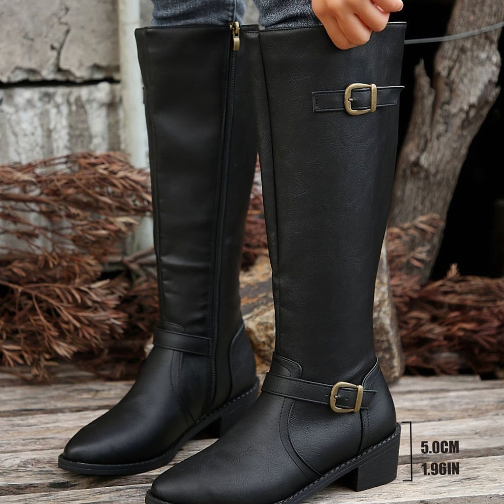 Women's Buckle-Strap Riding Boots with Inner Zip and Padded Footbed