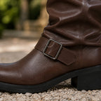Women's Rounded-Toe Slouched Biker Boots with Two Buckles